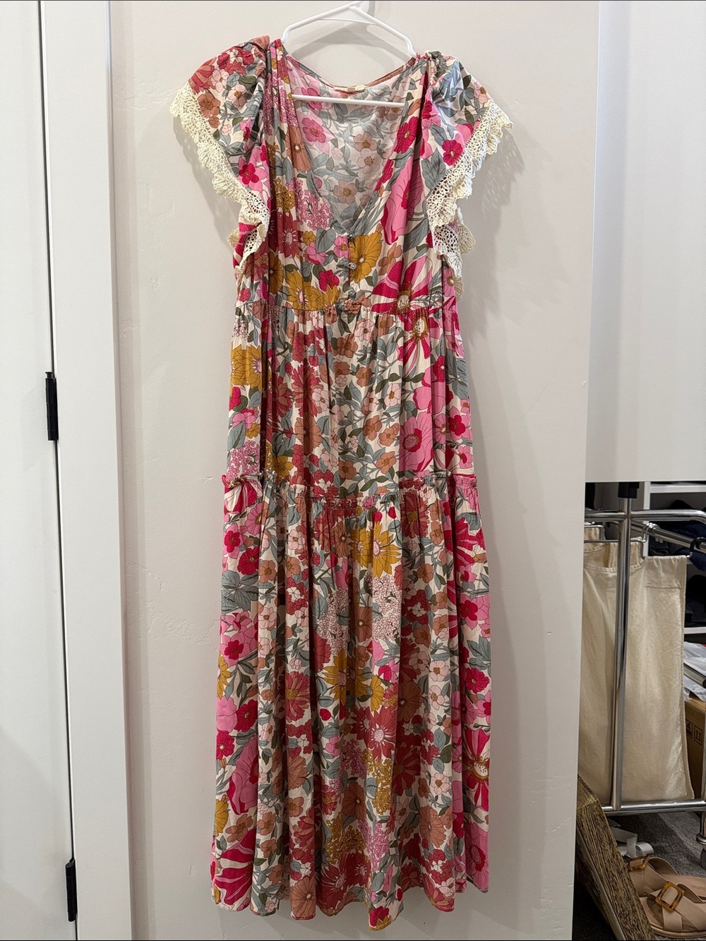 Floral Maxi Dress with Lace Trim - Pink & Mustard
